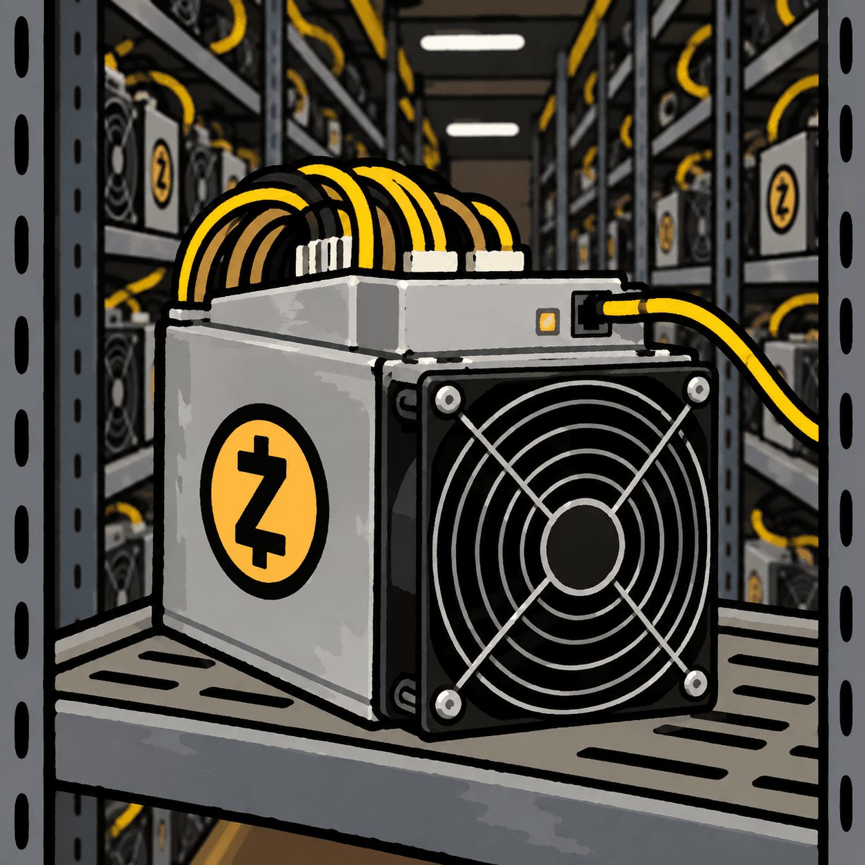 Stylized Zcash Antminer in a room full of mining rigs